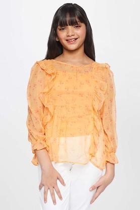 floral polyester round neck girls top - orange