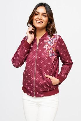 floral polyester round neck women's casual jacket - maroon