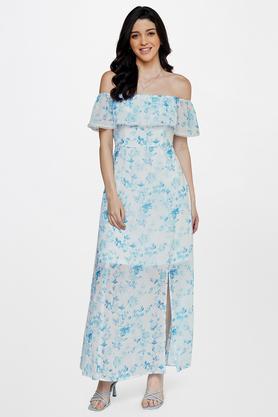 floral polyester round neck women's gown - light blue