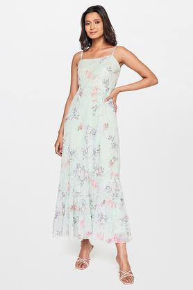 floral polyester round neck women's gown - mint