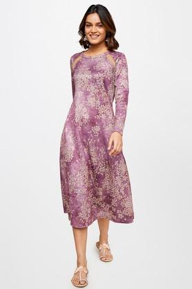floral polyester round neck women's knee length dress - lilac