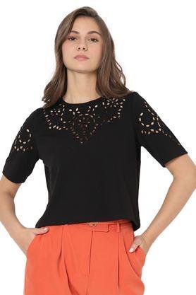 floral polyester round neck women's t-shirt - black