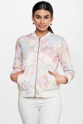 floral polyester round neck womens casual jacket - off white