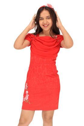 floral polyester square neck girl's casual wear dress - red