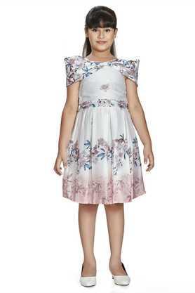 floral polyester square neck girl's dress - peach