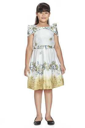 floral polyester square neck girl's dress - yellow