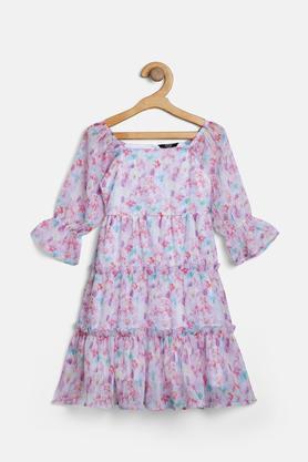 floral polyester square neck girls casual wear dress - multi