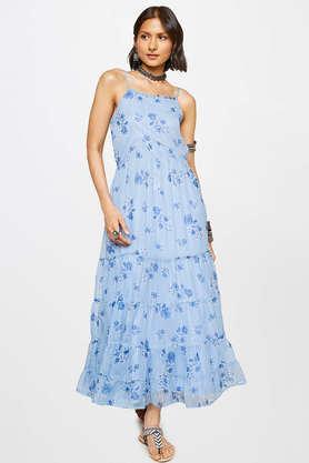 floral polyester square neck women's gown - blue