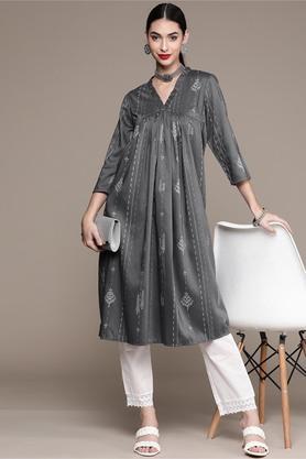 floral polyester v neck women's festive wear kurta - grey