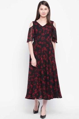 floral polyester v neck women's flared dress - black