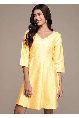 floral polyester v neck womens knee length dress - yellow