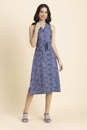 floral-polyester-v-neck-women's-midi-dress---blue