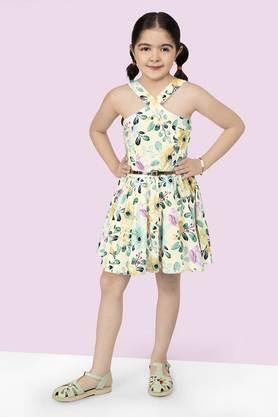 floral polyester y-neck girls dress - yellow