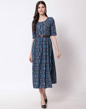 floral print a-line dress with belt
