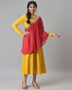 floral print a-line dress with embroidered dupatta