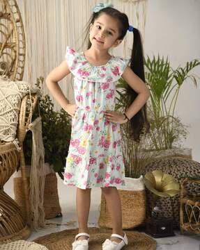 floral print a-line dress with ruffled overlay