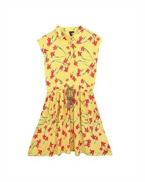 floral print a-line dress with tasseled tie-up