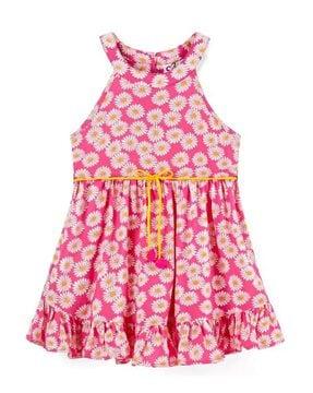 floral print a-line dress with waist tie-up