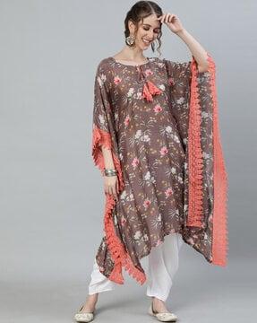 floral print a-line kurta with kaftan sleeves