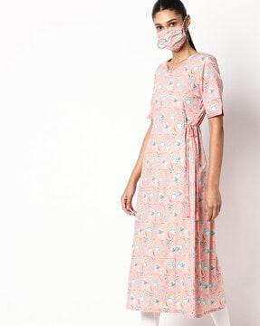 floral print a-line kurta with mask