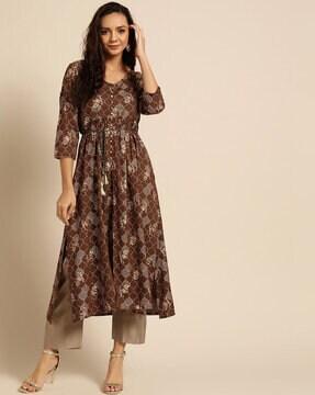 floral print a-line kurta with tie-up