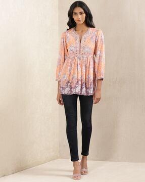 floral print a-line kurti with notch round-neck