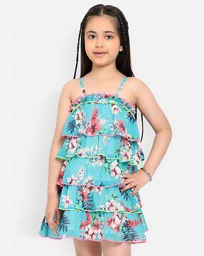 floral print a-line tiered dress with ruffled detail