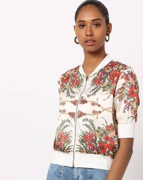 floral print bomber jacket with band collar