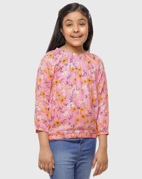 floral print cinched boat neck top