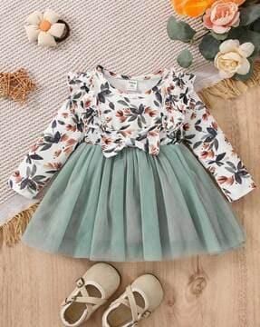 floral print fit & flare dress with bow accent