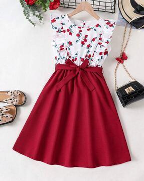 floral print fit & flare dress with tie-up belt