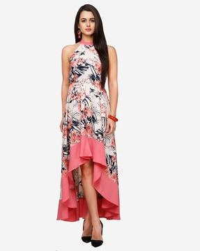 floral print flared high low dress