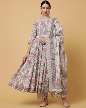 floral print flared kurta set with dupatta