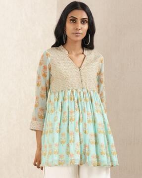 floral print flared kurti with band collar