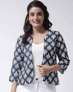 floral print front-open coat with curved edges