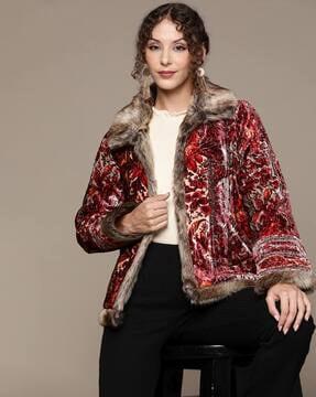 floral print fur jacket with insert pockets
