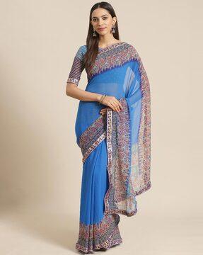 floral print georgette saree with lace border