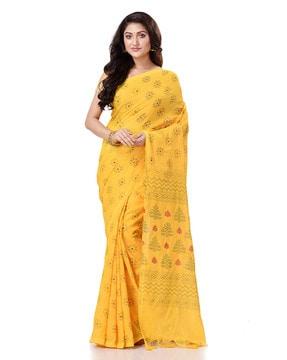 floral print handloom cotton saree with tassels