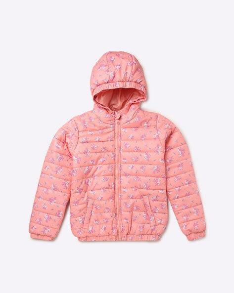 floral print hooded zip-front puffer jacket