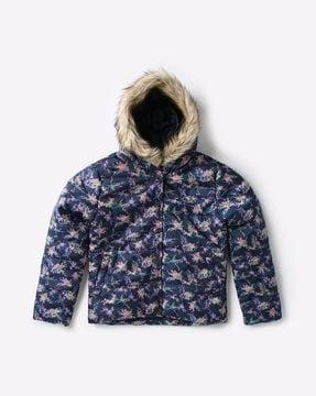 floral print jacket with fur-lined hood