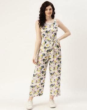 floral print jumpsuits with zip closure
