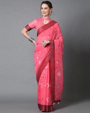 floral print linen saree with tassels
