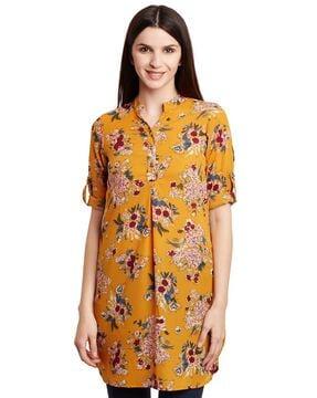 floral print mandarin-collar tunic with roll-up sleeves