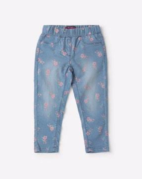 floral print mid-wash straight fit jeans