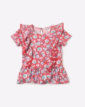 floral print peplum top with ruffle trims
