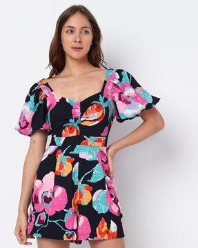 floral print playsuit with puff sleeves