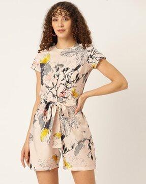 floral print playsuit with tie-up waist