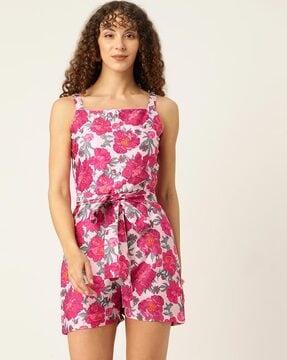 floral print playsuit with waist tie-up