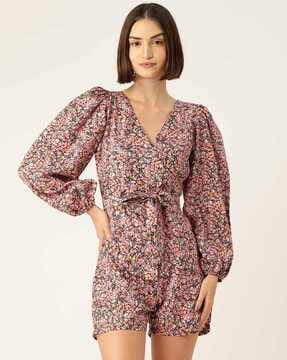 floral print playsuit with waist tie-up