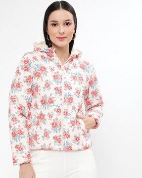 floral print puffer jacket with hood